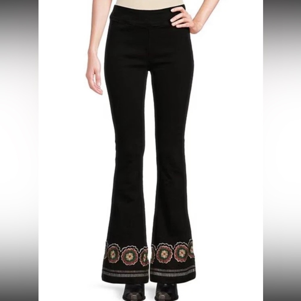 DRIFTWOOD Black Flare Jeans with Floral Embroidered Hem